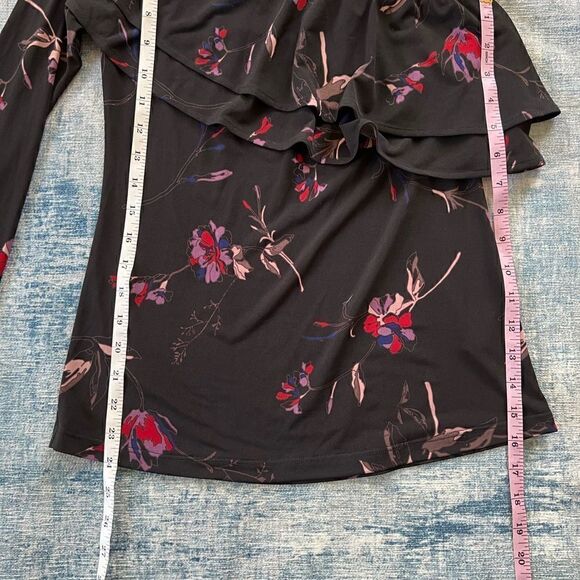 Veronica M Black Red Purple Floral Ruffle Asymmetrical One Long Sleeve Top XS - Picture 7 of 10
